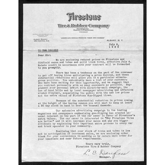 Firestone Tire & Rubber Co. Albany, NY 1926 TLS Letterhead re: Reduced Prices