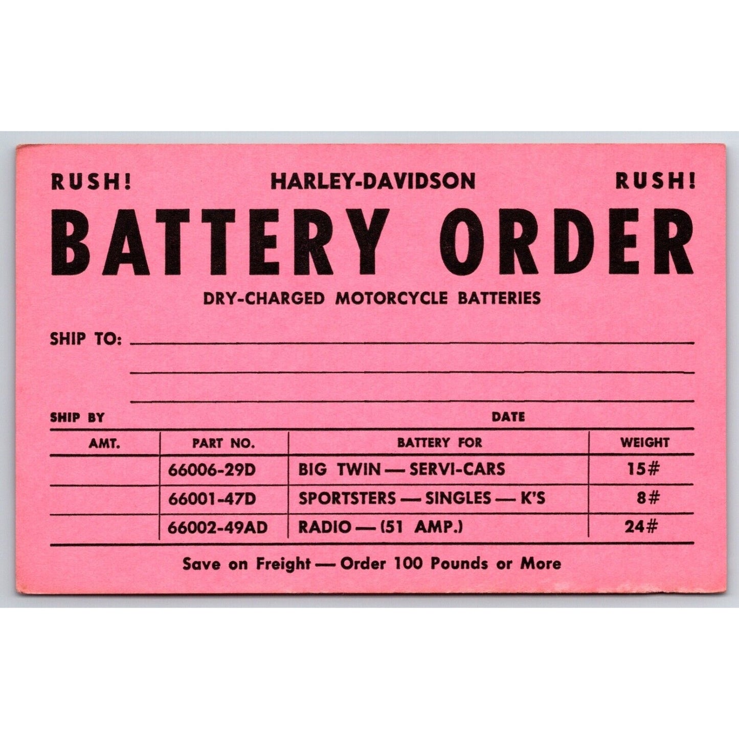 Harley Davidson Dealer "Rush Battery Order" Card Unused c1950's-60's? VGC