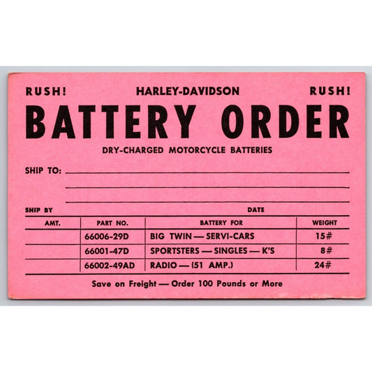 Harley Davidson Dealer "Rush Battery Order" Card Unused c1950's-60's? VGC