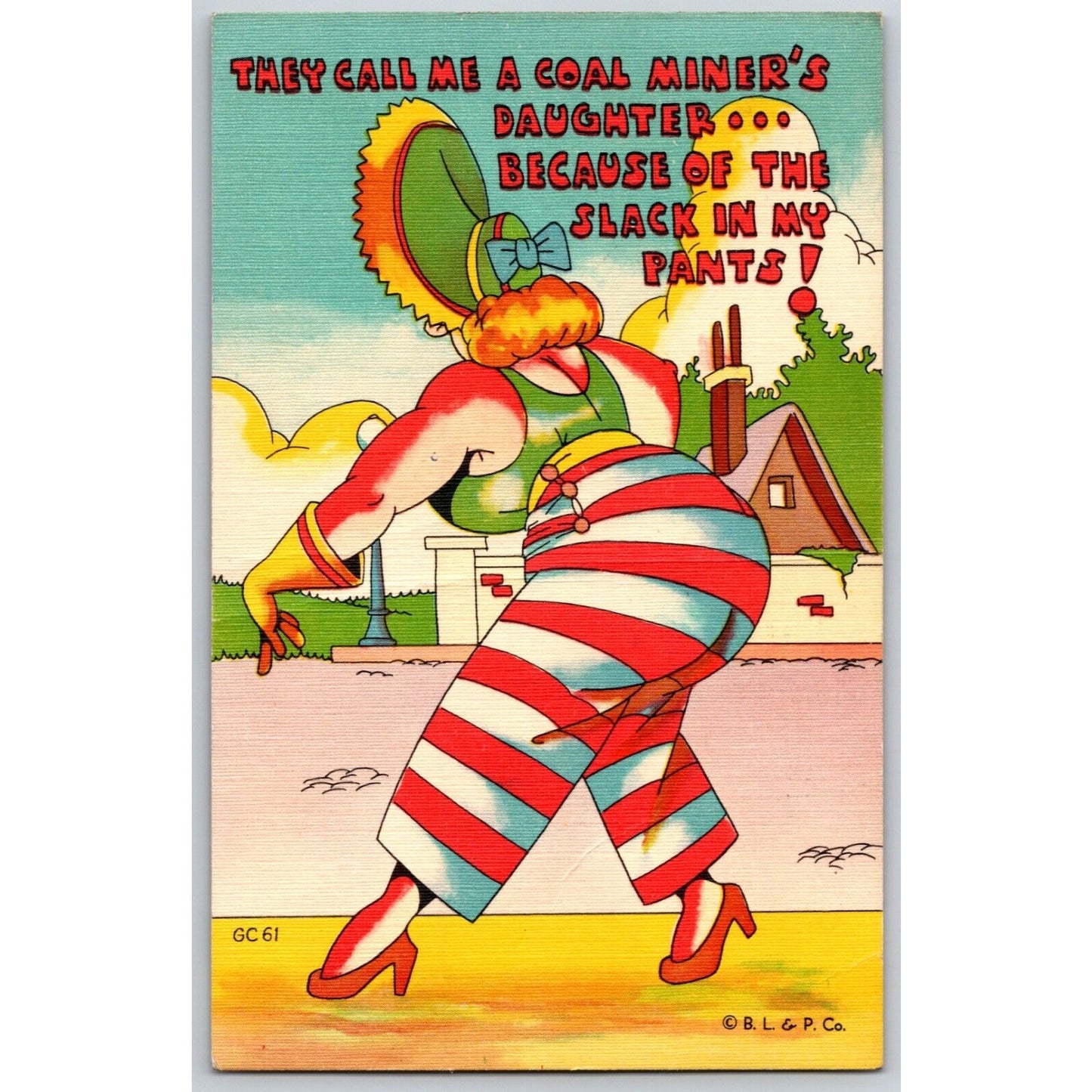 Funny Fashion Humor Linen Postcard "Coal Miner's Daughter" PM 1949