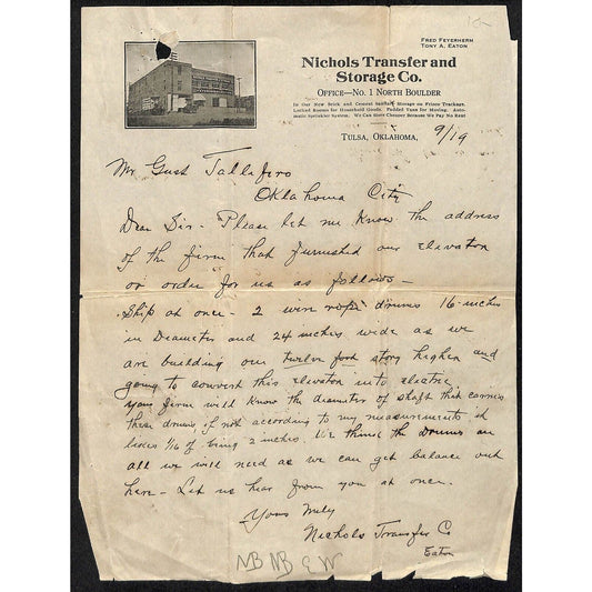 c1920's-30's Nichols Transfer and Storage Co. Tulsa, OK Letterhead