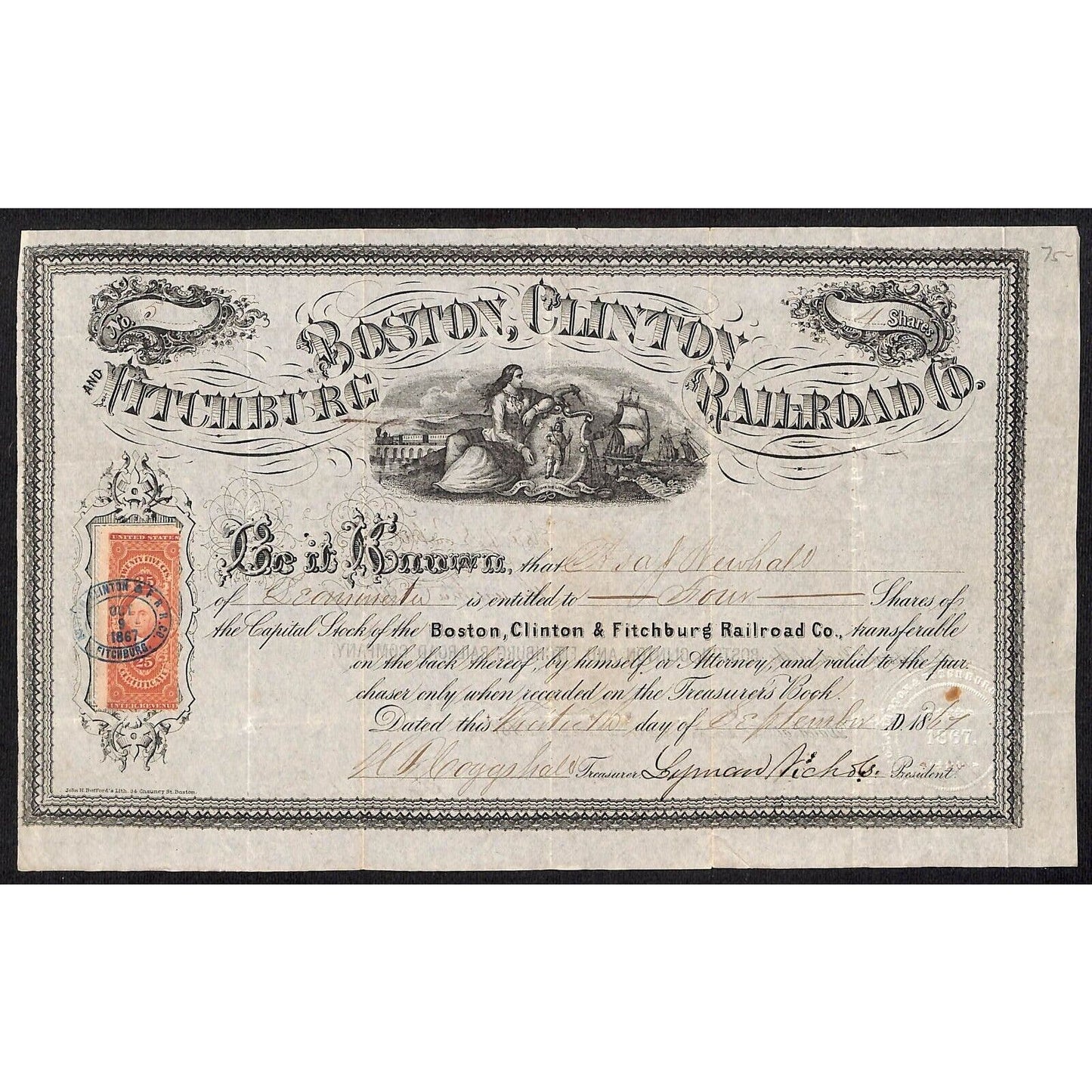 Boston, Clinton, Fitchburg and New Bedford RR 1867 Stock Certificate #5