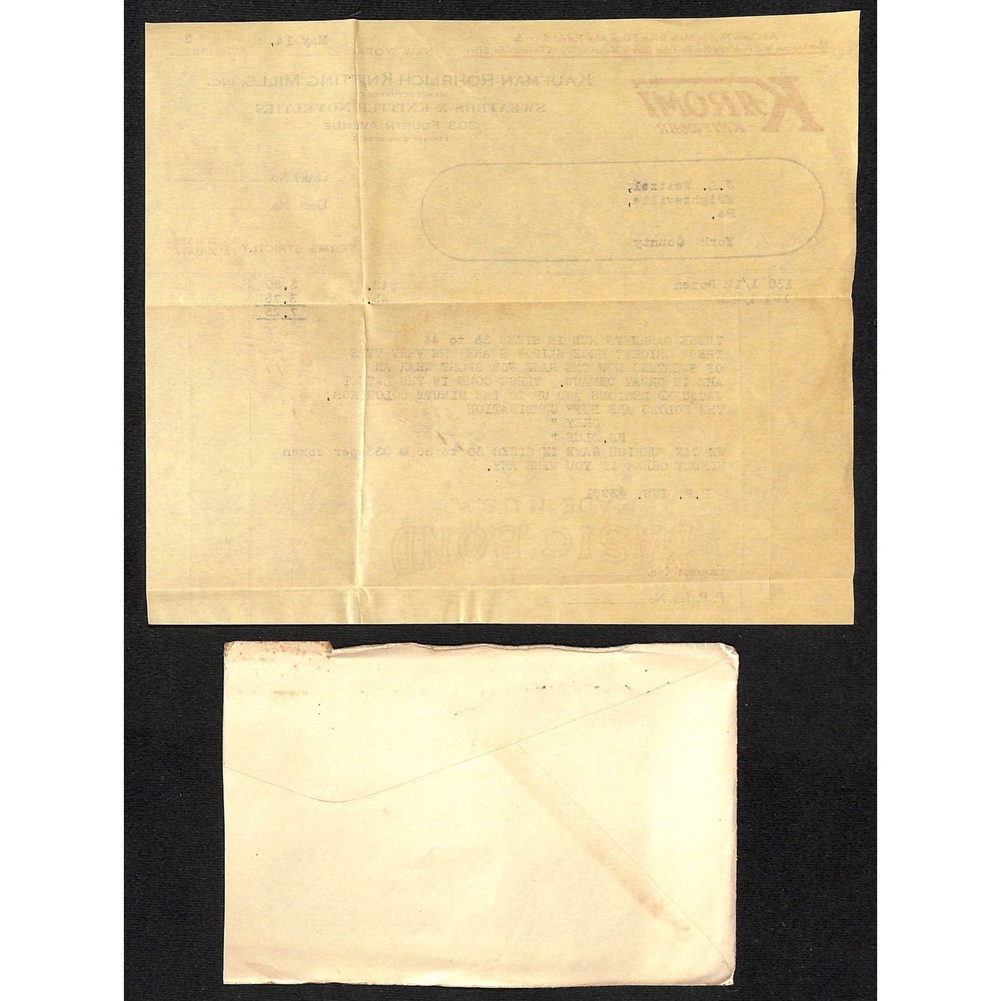 Kaufman Rohrlich Knitting Millls 23rd Street NYC Weitzel 1925 Billhead + Cover
