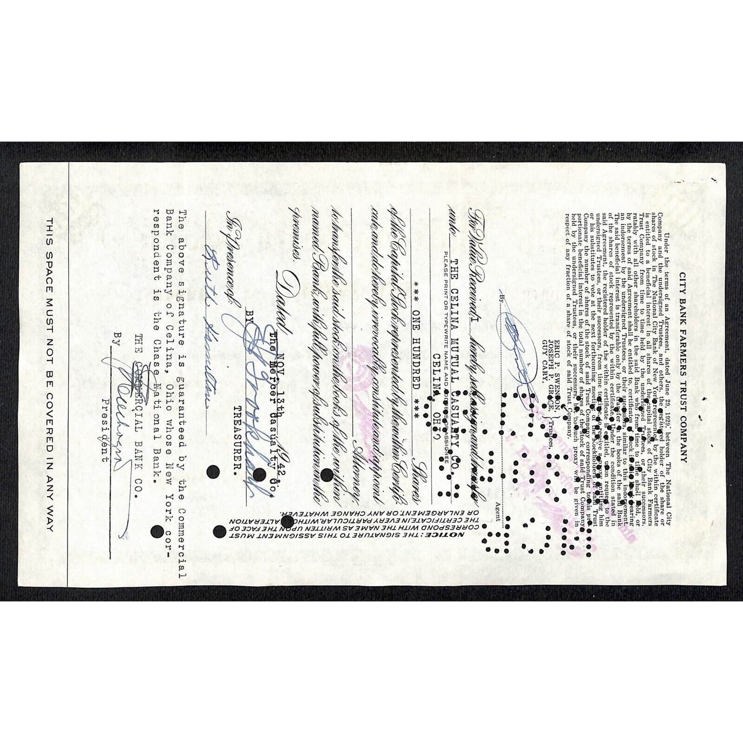 National City Bank of New York 1942 Stock Certificate to The Mercer Casualty Co.