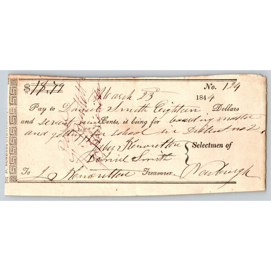 1844 Jabez Knowlton* Newburgh ME Town Check to Daniel Smith Boarding for School