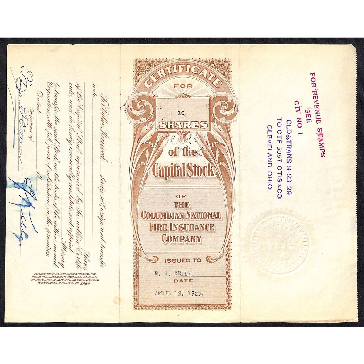 The Columbian National Fire Insurance Co. Lansing 1923 Stock Certificate Scarce