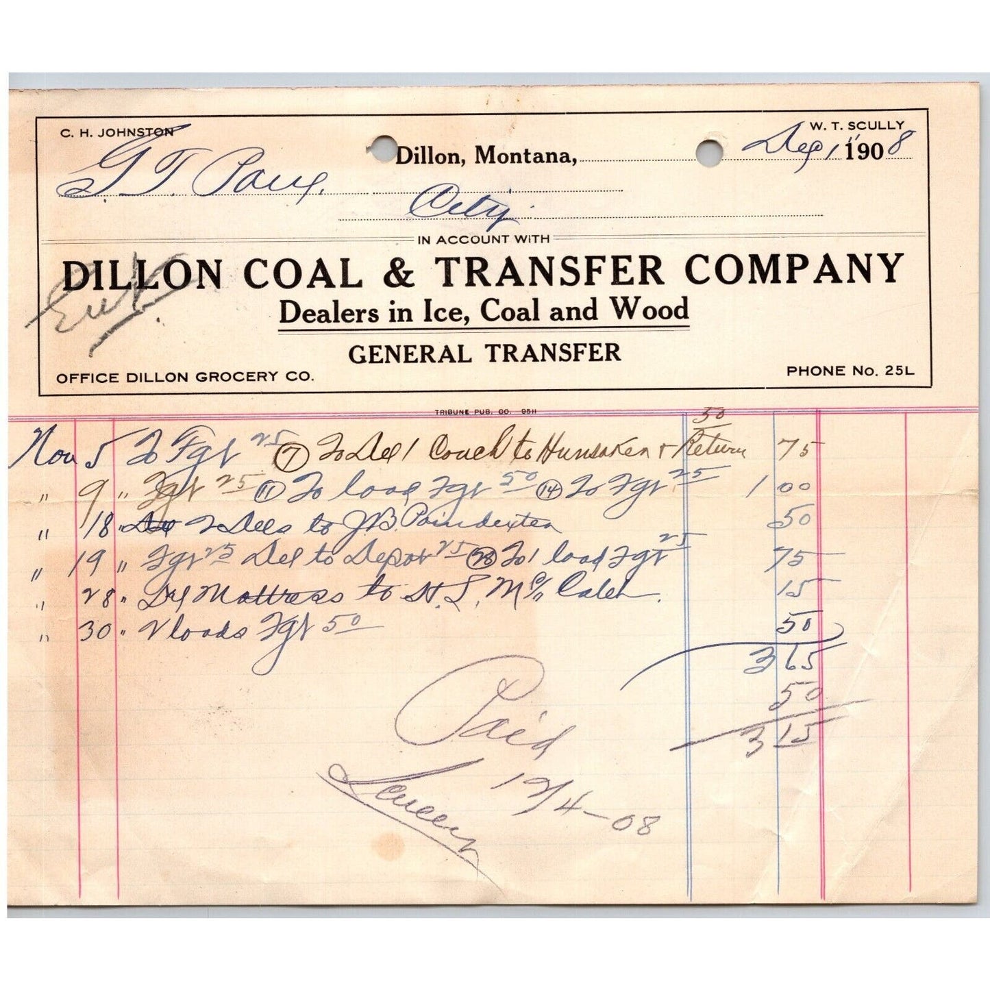 Dillon, MT Dillon Coal & Transfer Co Ice Wood 1908 Billhead G.T. Paul*