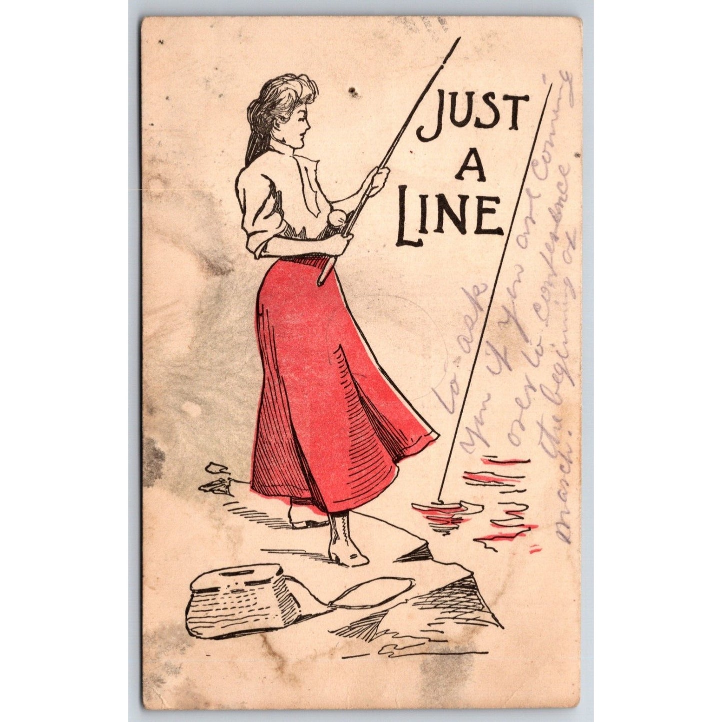 Funny Fishing Themed "Just a Line" Postcard PM 1907 Woman in Red Dress Fishing