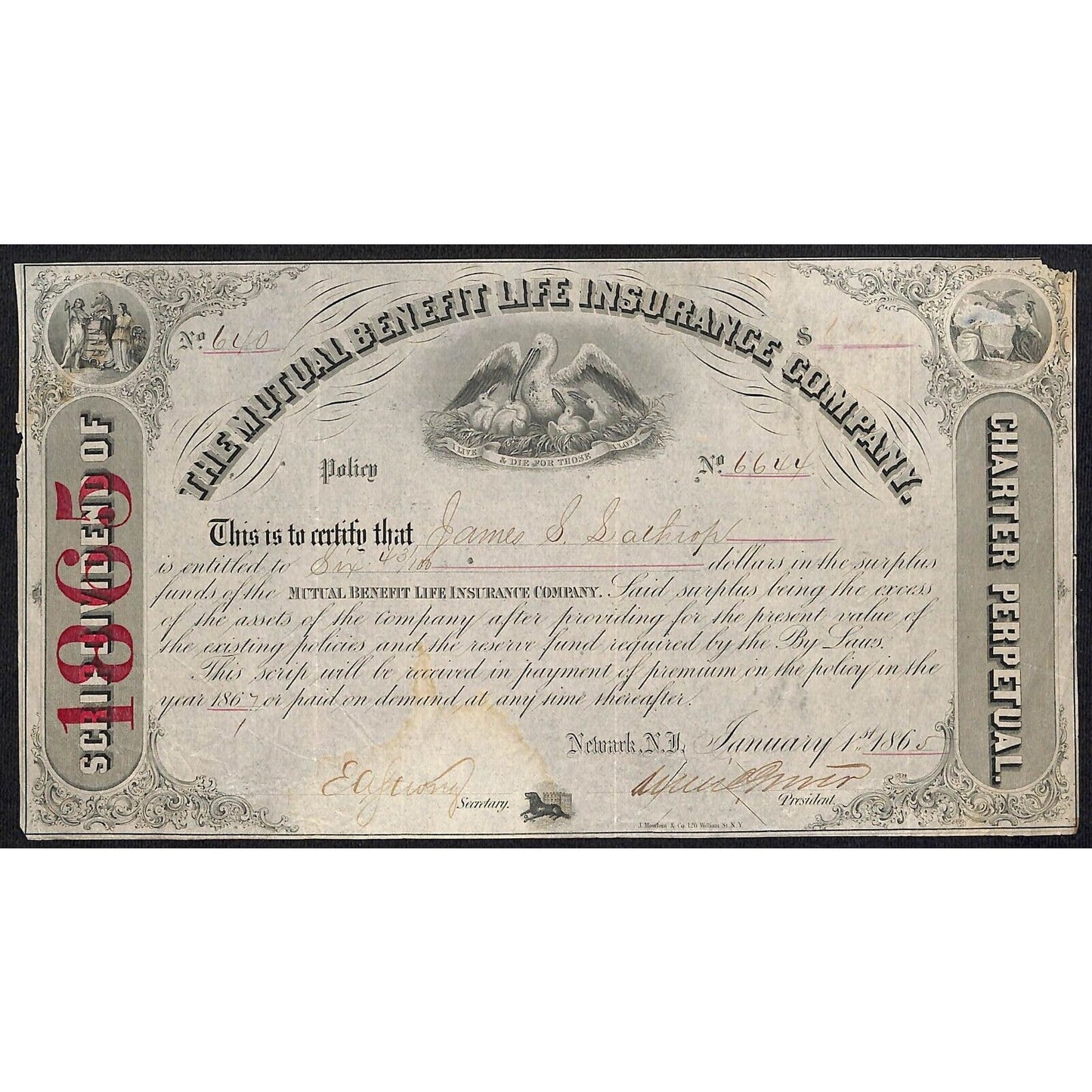 Mutual Benefit Life Insurance Co. 1865 Dividend Certificate to James S. Lathrop