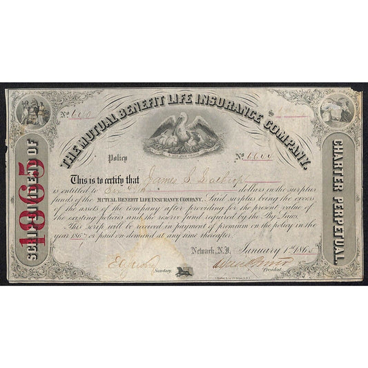 Mutual Benefit Life Insurance Co. 1865 Dividend Certificate to James S. Lathrop