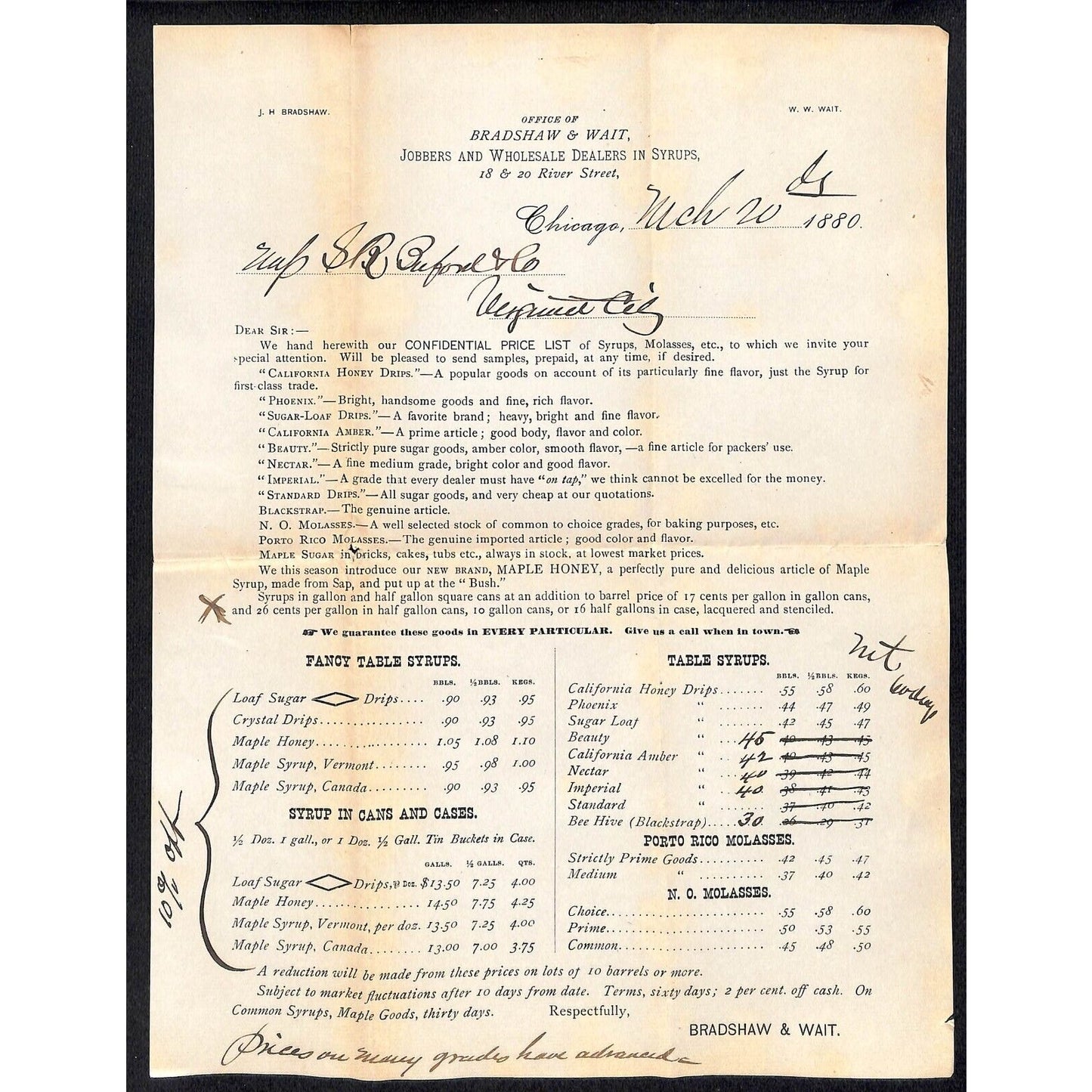 Bradshaw & Wait Whlse. Chicago Syrups Molasses 1880 Price Sheet Buford* Scarce