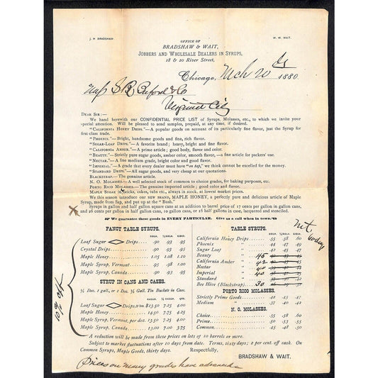 Bradshaw & Wait Whlse. Chicago Syrups Molasses 1880 Price Sheet Buford* Scarce