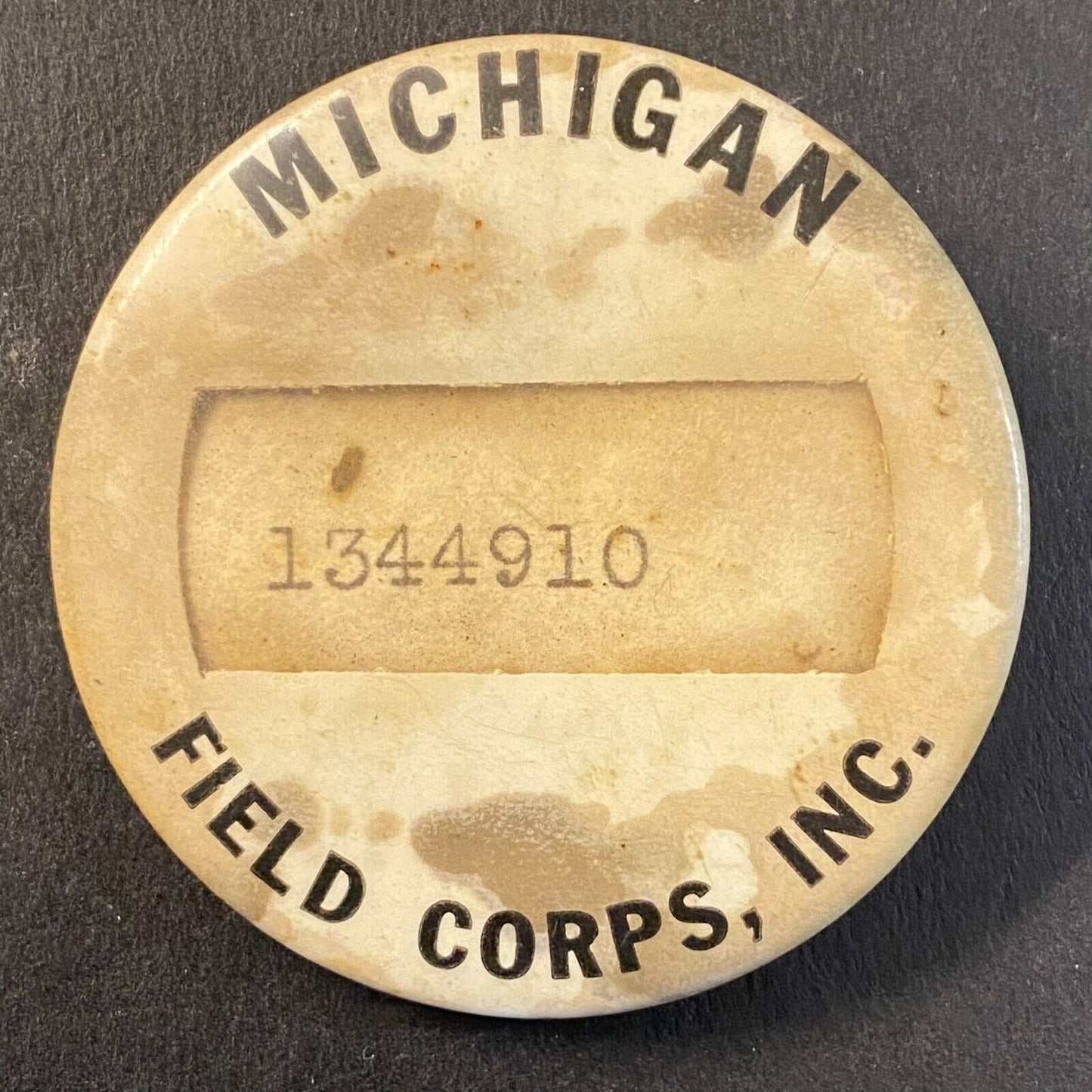 Michigan Field Corps, INC Steel ID Pinback 1 5/8"c1940's-50's ? Scarce