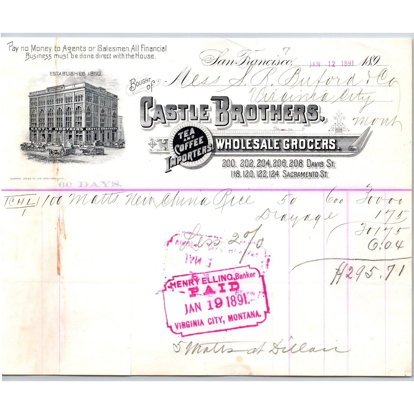 Castle Brothers Grocers San Francisco 1891 Billhead VGC Buford Virginia City MT*