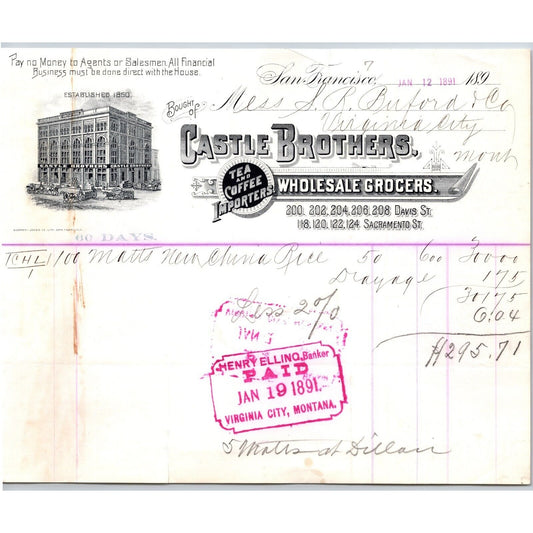 Castle Brothers Grocers San Francisco 1891 Billhead VGC Buford Virginia City MT*