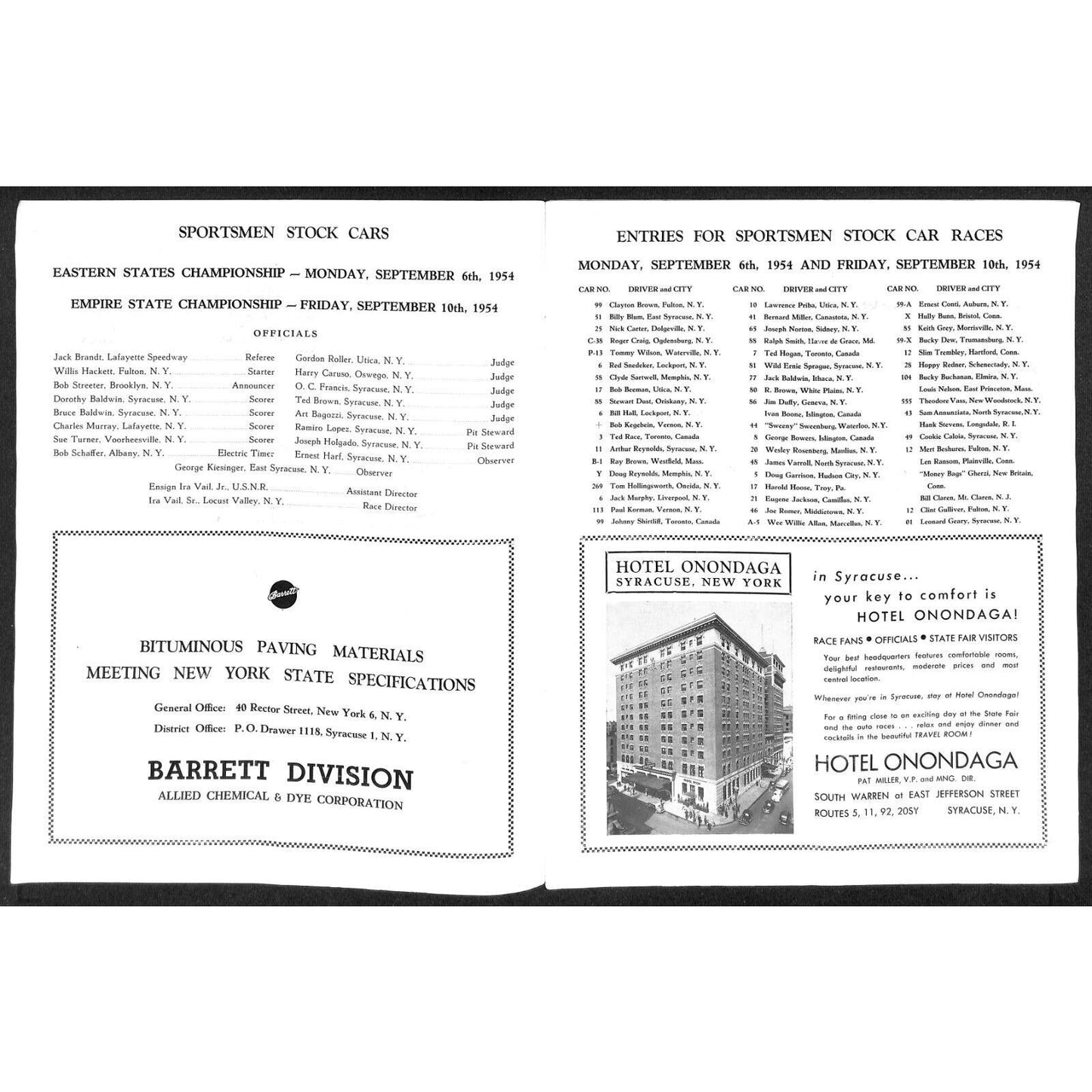 New York State Fair Auto Racing Program Stock Car 9/6 & 9/10 1954 24pp Scarce
