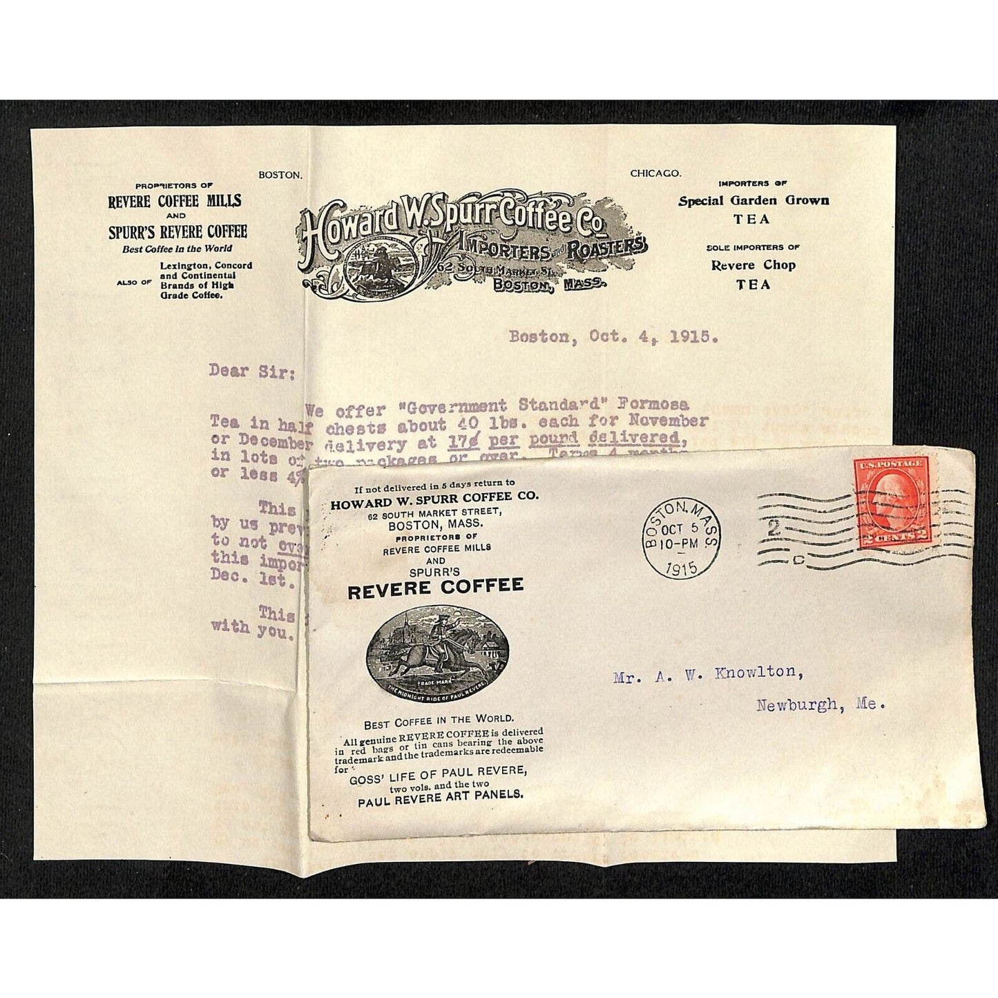 Boston, MA Howard W. Spurr Coffee Co. Revere 1915 Letterhead & Cover Knowlton*