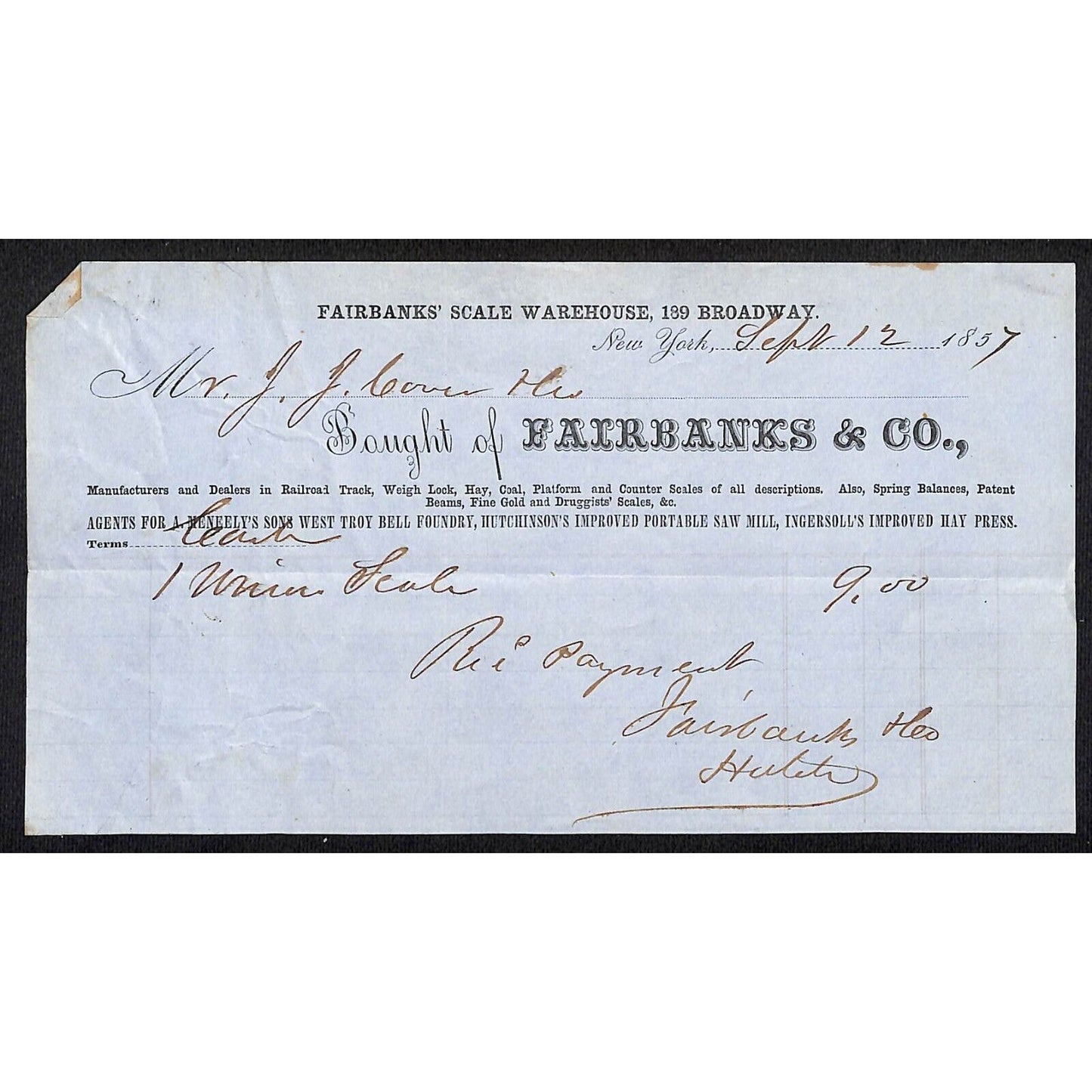 Fairbanks & Co. Railroad Track NYC 1857 J.J. Cover, Johnsville, OH* Billhead