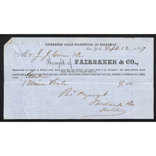 Fairbanks & Co. Railroad Track NYC 1857 J.J. Cover, Johnsville, OH* Billhead