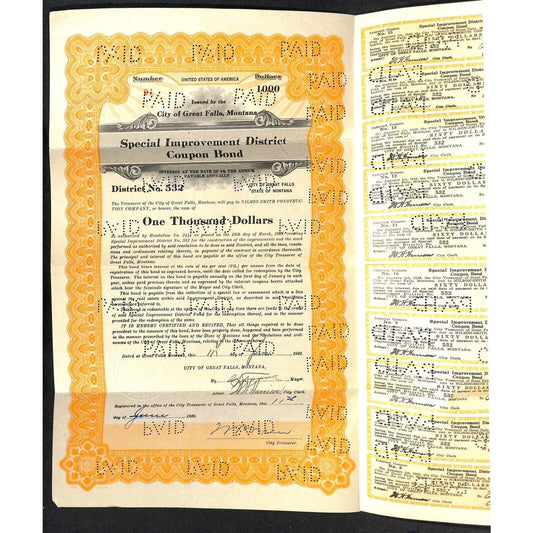 Great Falls Montana 1929 $1000 Bond for Special Improvements w/ 11 Coupons