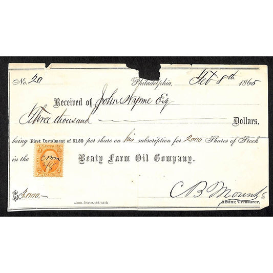 1865 John Hynne ? / Philadelphia - Beaty Farm Oil Company Receipt w/ Tax Stamp