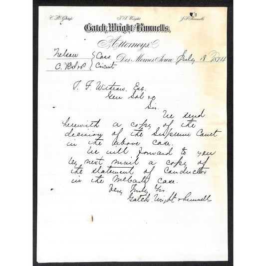 Gatch, Wright and Runnells Des Moines Attorneys 1874 ALS Letterhead re: CRI&P