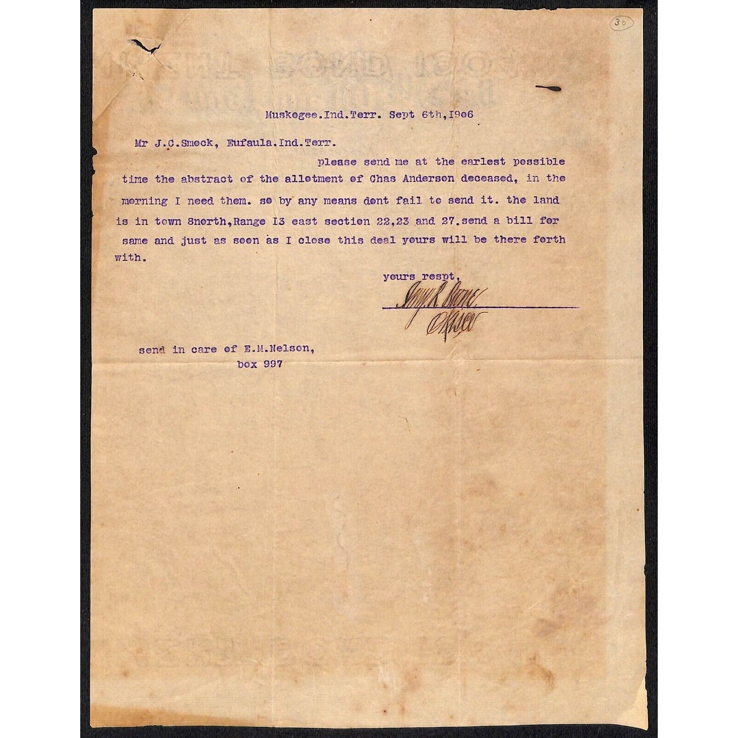 1906 Southern Oil and Land Co. I.T. Muskogee, OK Letterhead Oil Derrick Blowout