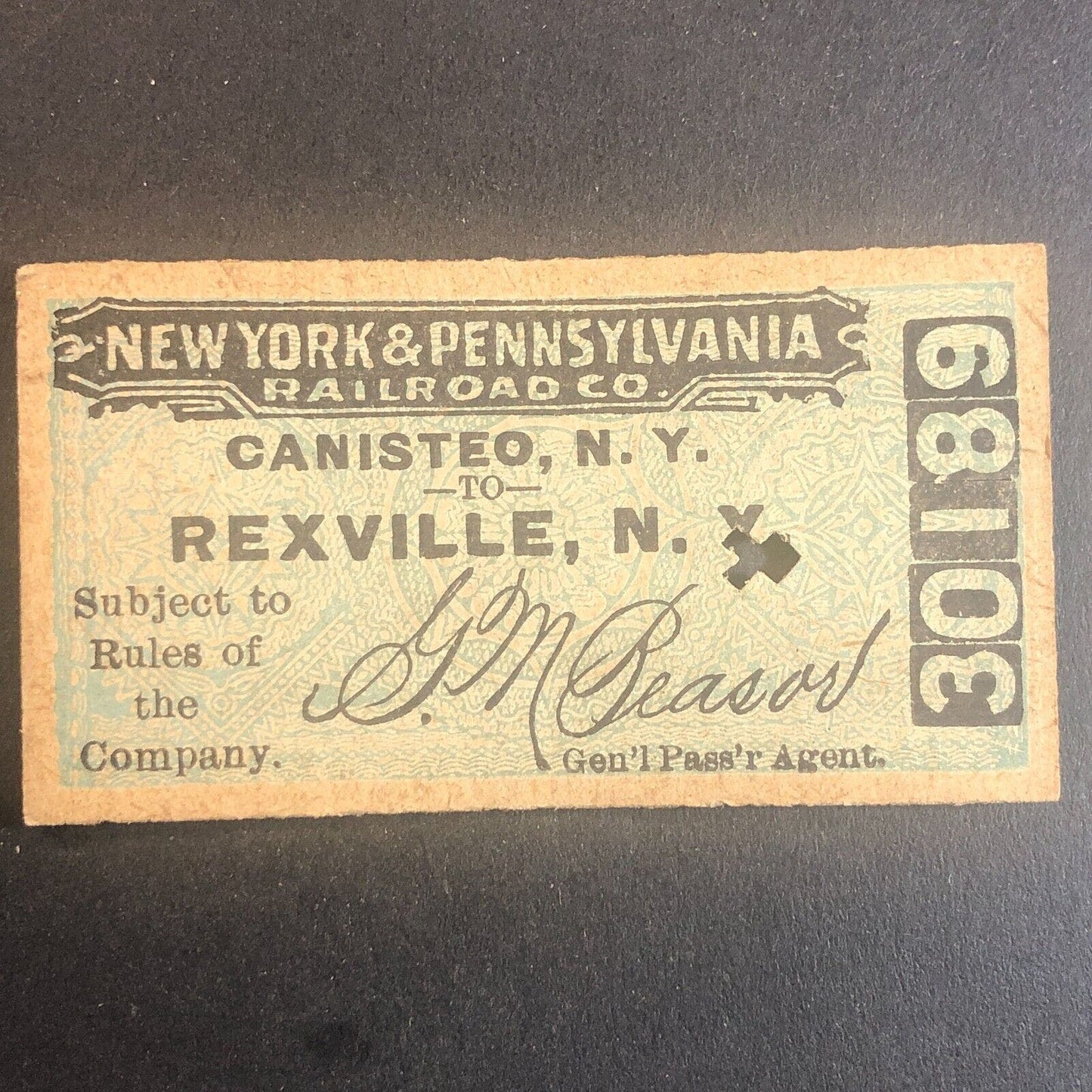 New York & Pennsylvania Railroad July 3 1917 Rexville, NY Ticket #30189