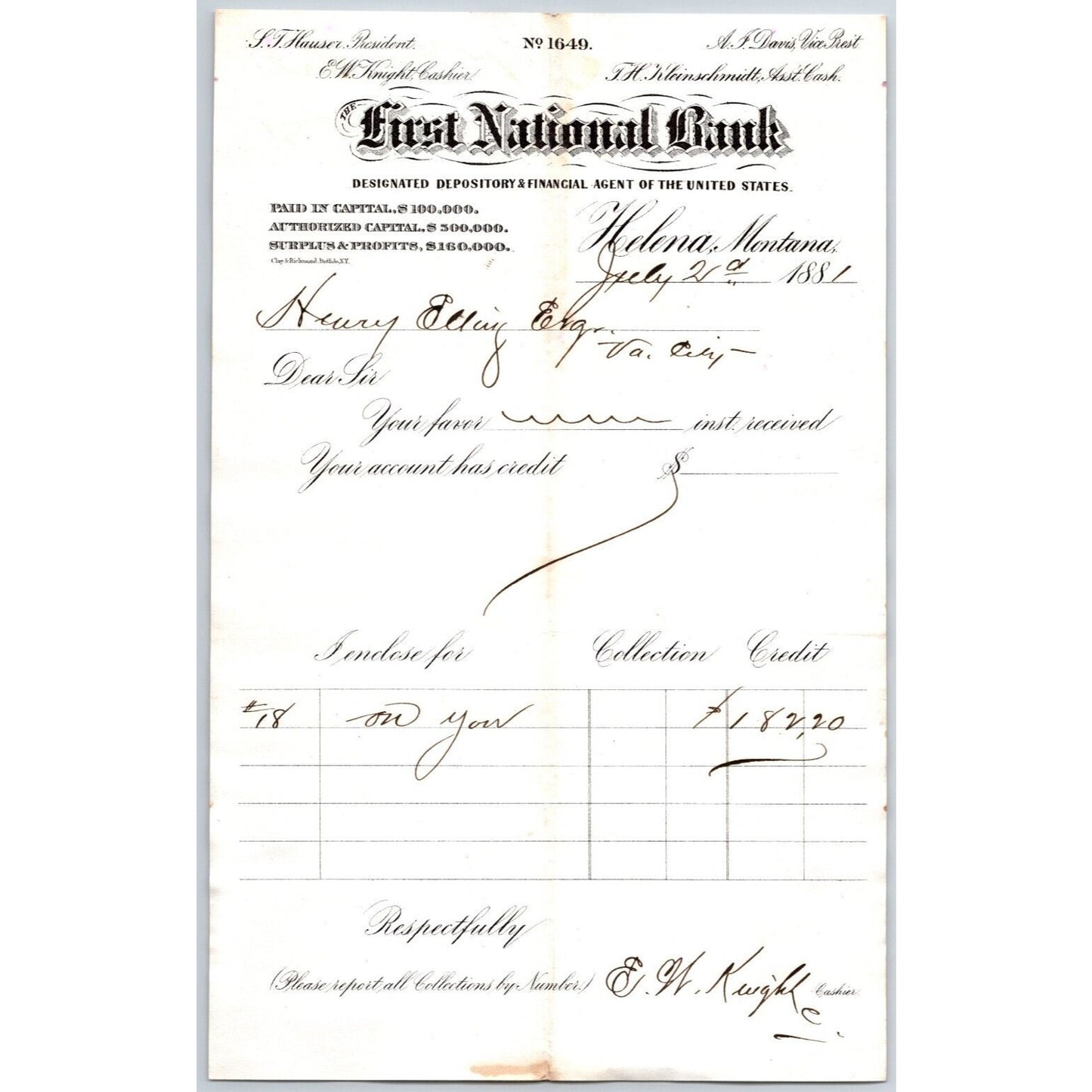 First National Bank Helena, MT 7/21 1881 Payment Advice Henry Elling*