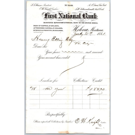 First National Bank Helena, MT 7/21 1881 Payment Advice Henry Elling*