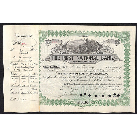 First National Bank of Lovelock, NV 1922 Stock Certificate to N.A. T??igg