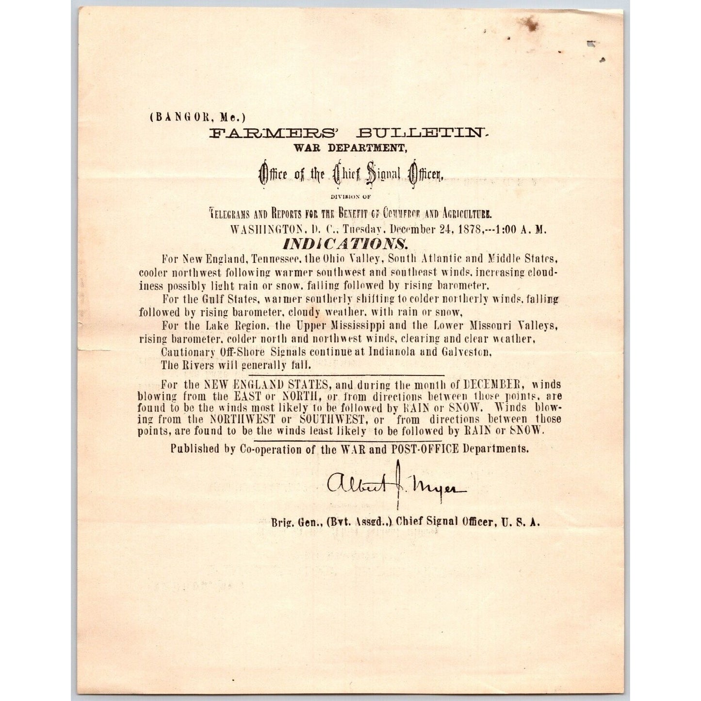 Bangor, ME Chief Signal Office, War Department Farmers' Bulletin - Dec. 24, 1878