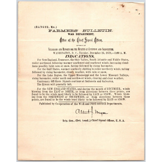 Bangor, ME Chief Signal Office, War Department Farmers' Bulletin - Dec. 24, 1878