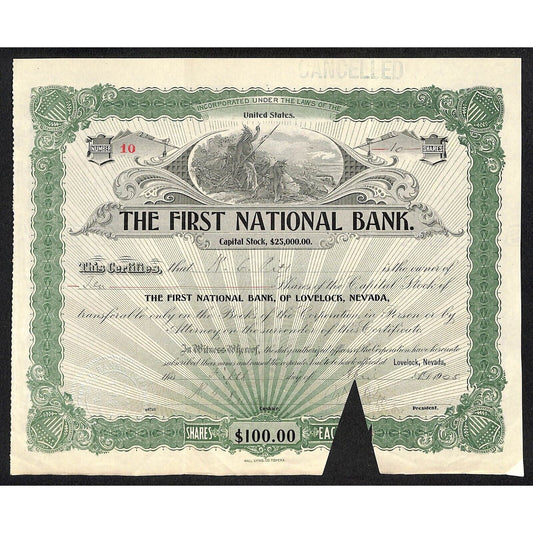 First National Bank of Lovelock, NV 1905 Stock Certificate to W.C. Pitt *
