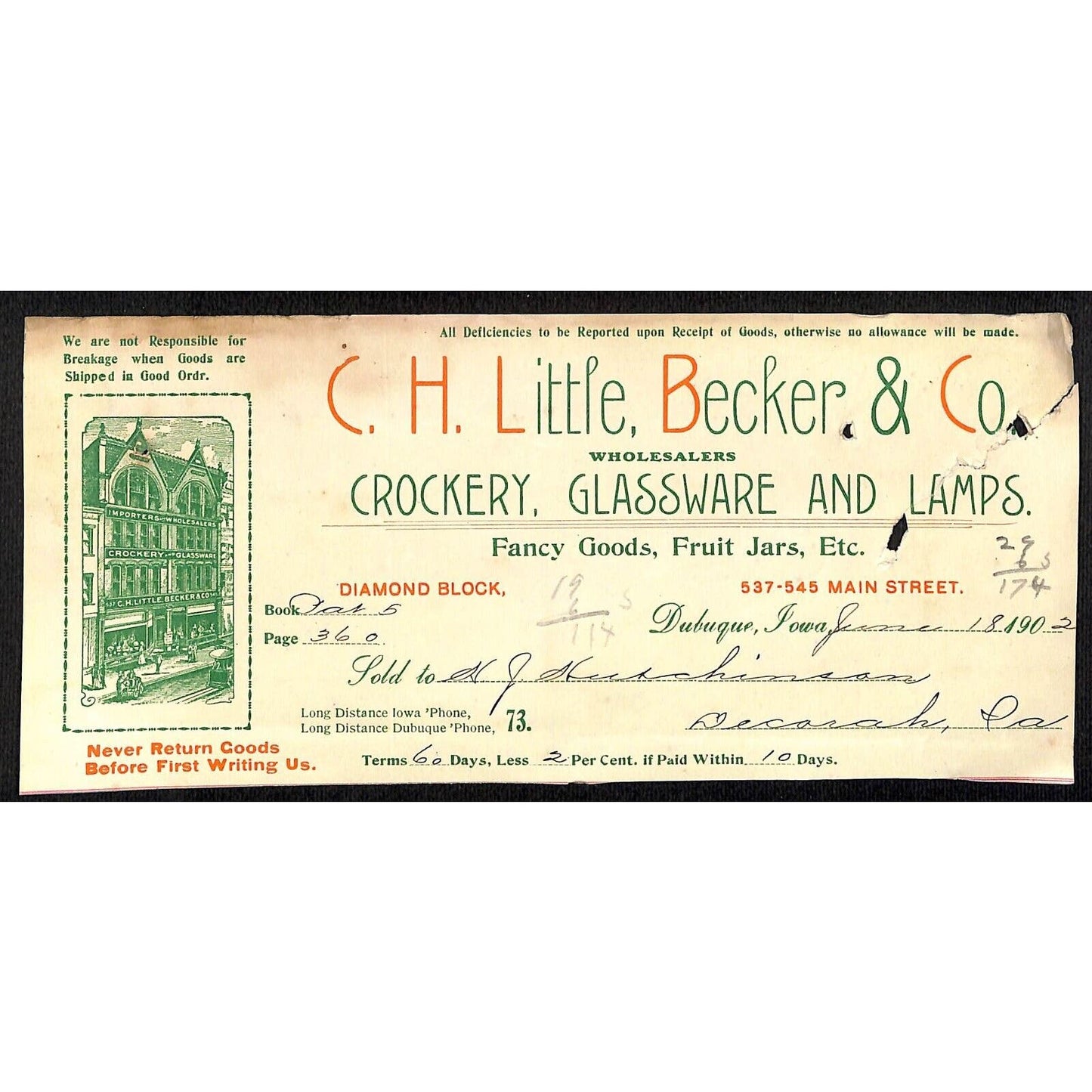 C.H. Little, Becker Co. Crockery Hutchinson Decorah, IA* - Cut 1902 Billhead