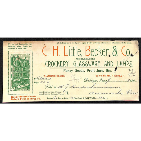C.H. Little, Becker Co. Crockery Hutchinson Decorah, IA* - Cut 1902 Billhead
