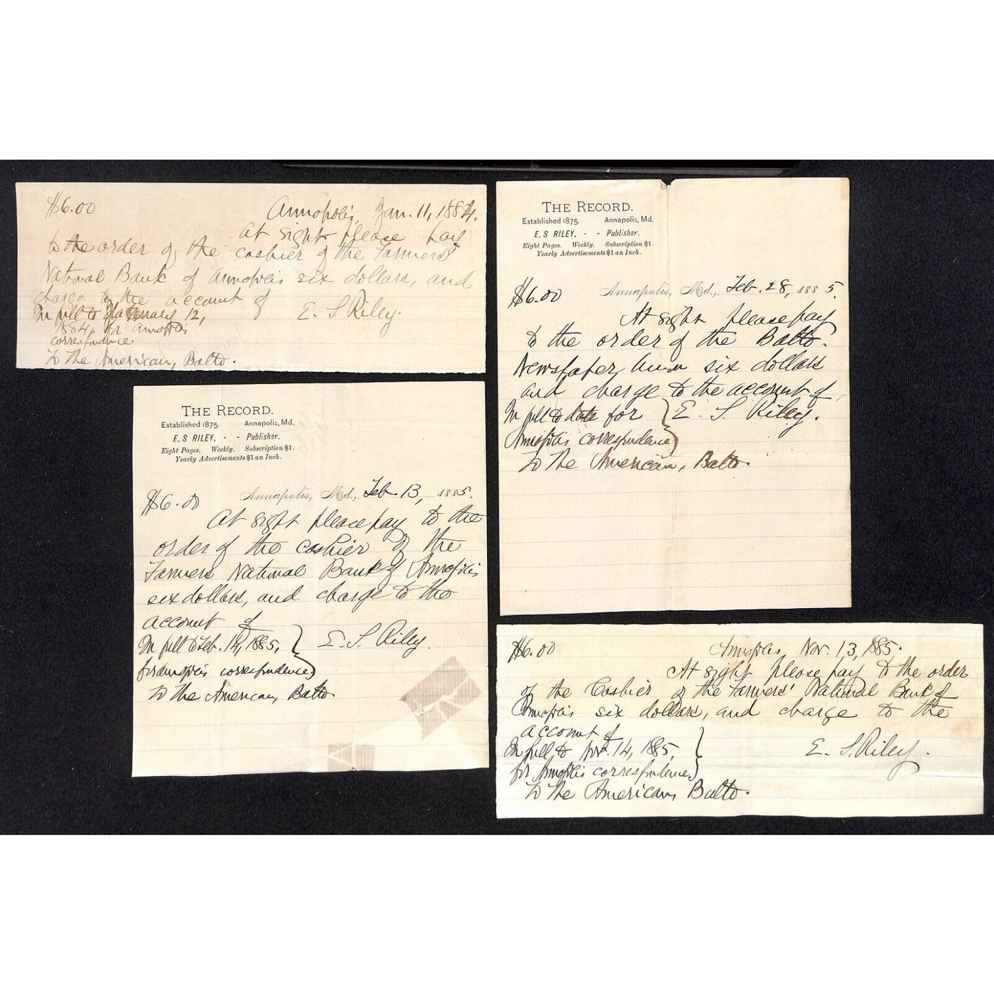 10 1884-85* Receipts for "The American, Balto" Newspaper (Baltimore American ?)