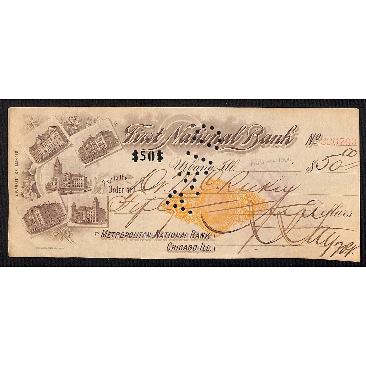 First National Bank Urbana, IL $50 Bank Check Rev Stamp w/ University Vignette