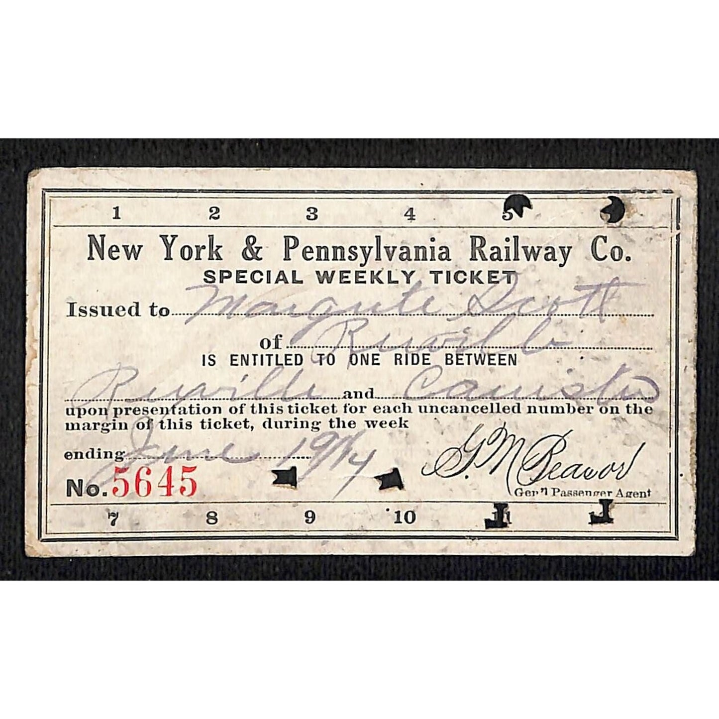 New York & Pennsylvania Ry 1914 Special Weekly Ticket Scarce #5645