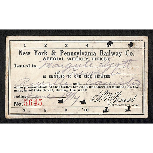 New York & Pennsylvania Ry 1914 Special Weekly Ticket Scarce #5645