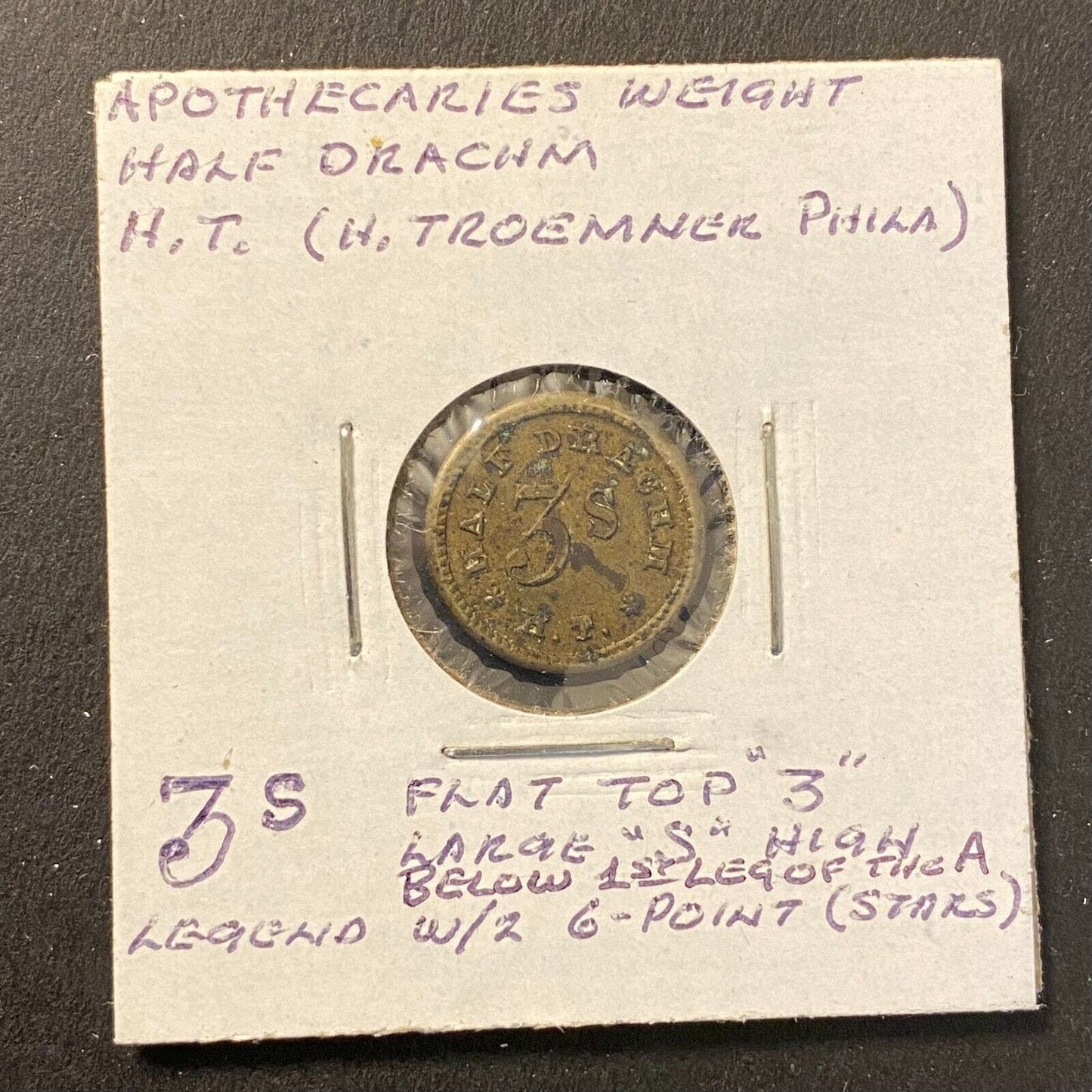 Half Drachm 3S H.T. (H. Troemner Phila.) Apothecary Weight Brass 15mm 2.0g
