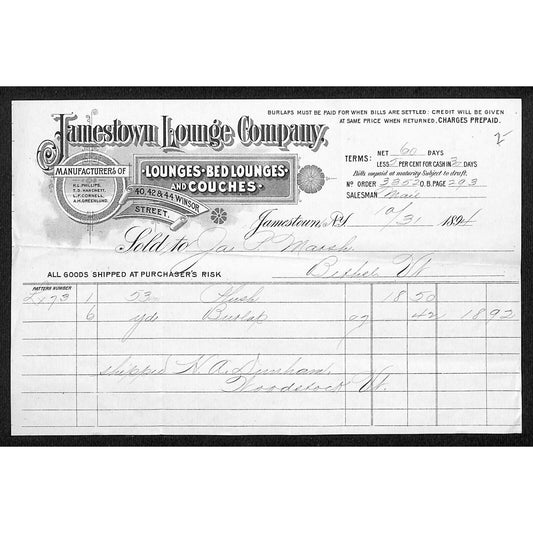 Jamestown Lounge Co. New York 1884 Billhead Bed Lounges Couches VGC Scarce