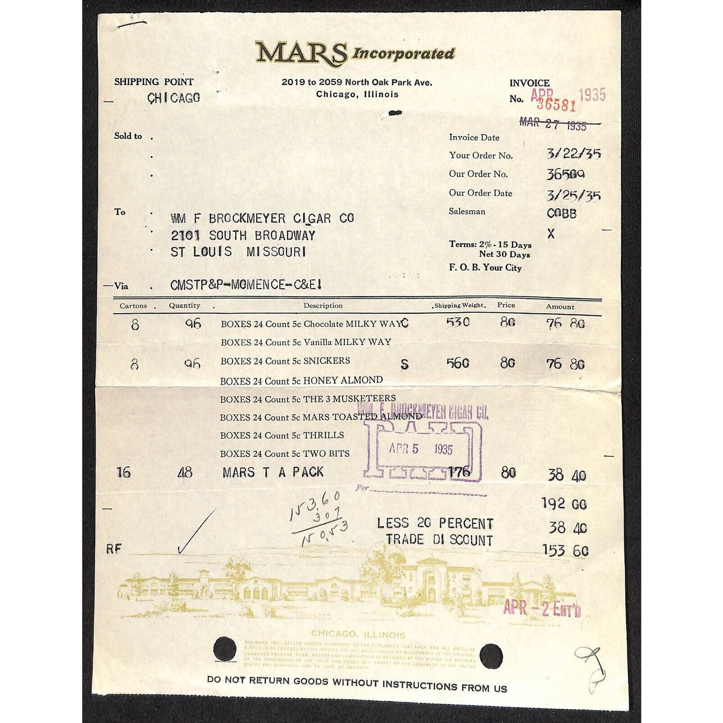 Chicago Mars Incorporated Milky Way Snickers Candy Bars 3/25 1935 Billhead