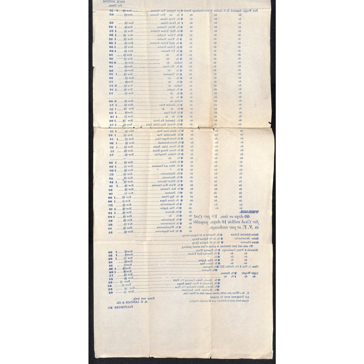 H.S. Lanfair & Co Baltimore Oyster & Fruit Packers 1886 Whsle Price Sheet Scarce