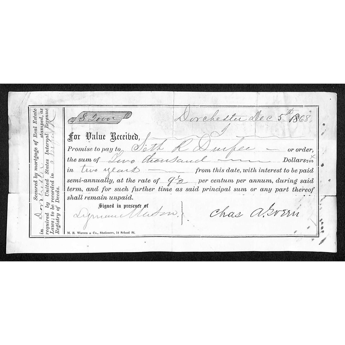 1868 Dorchester Promissory Note "Seth R. Durfee" (1848 Clerk of Steamer*)