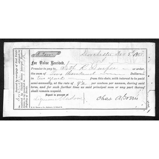 1868 Dorchester Promissory Note "Seth R. Durfee" (1848 Clerk of Steamer*)