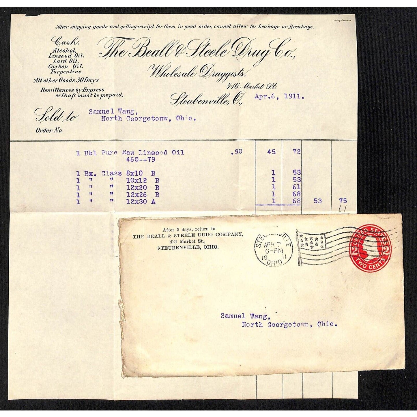 Beall & Steele Drug Co. / Samuel Wang Co* North Georgetown 1911 Billhead & Cover