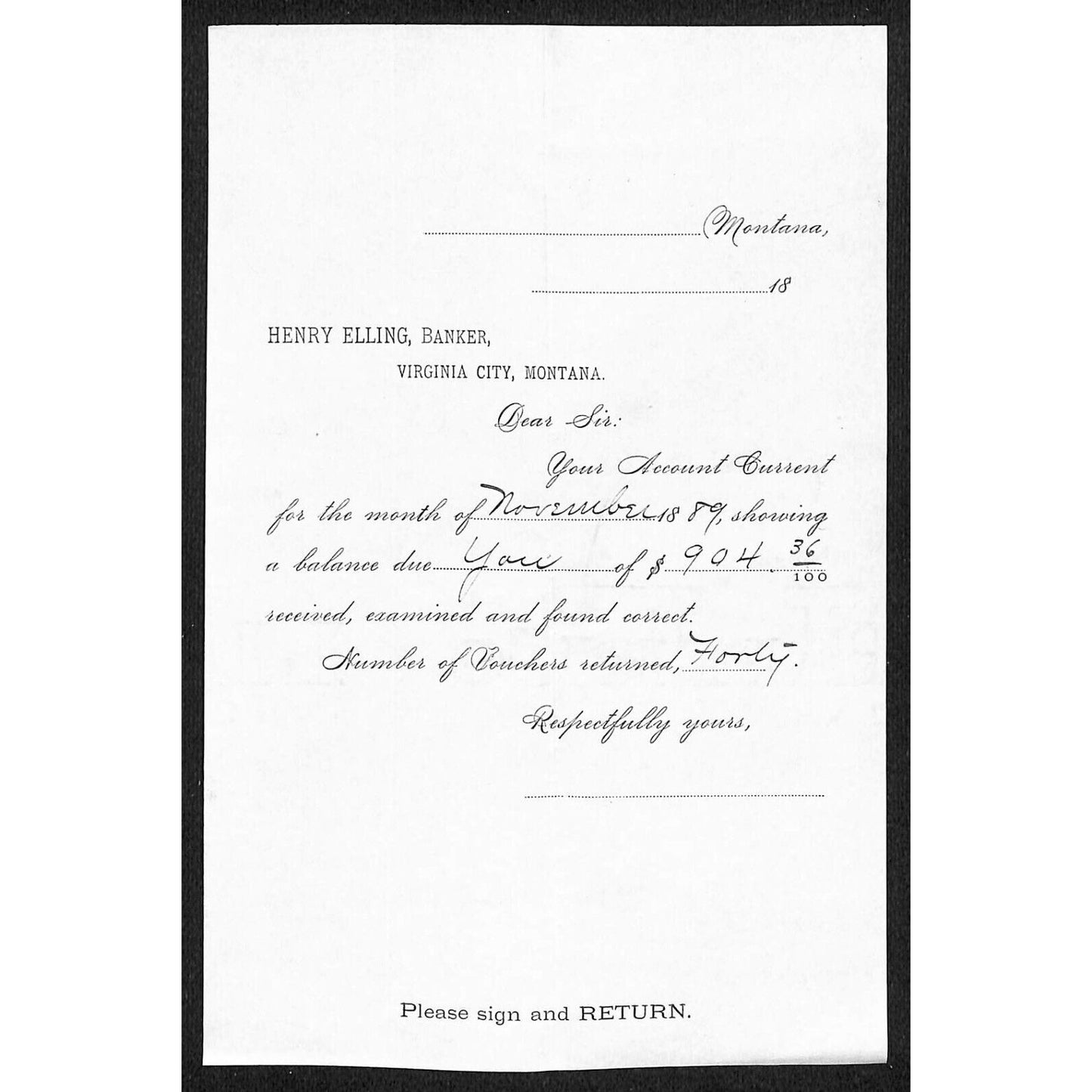1889 Henry Elling Virginia City Montana Territory Monthly Statement (#2)