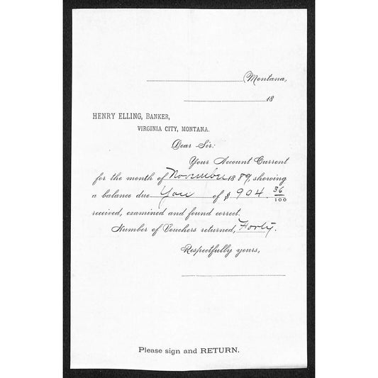 1889 Henry Elling Virginia City Montana Territory Monthly Statement (#2)