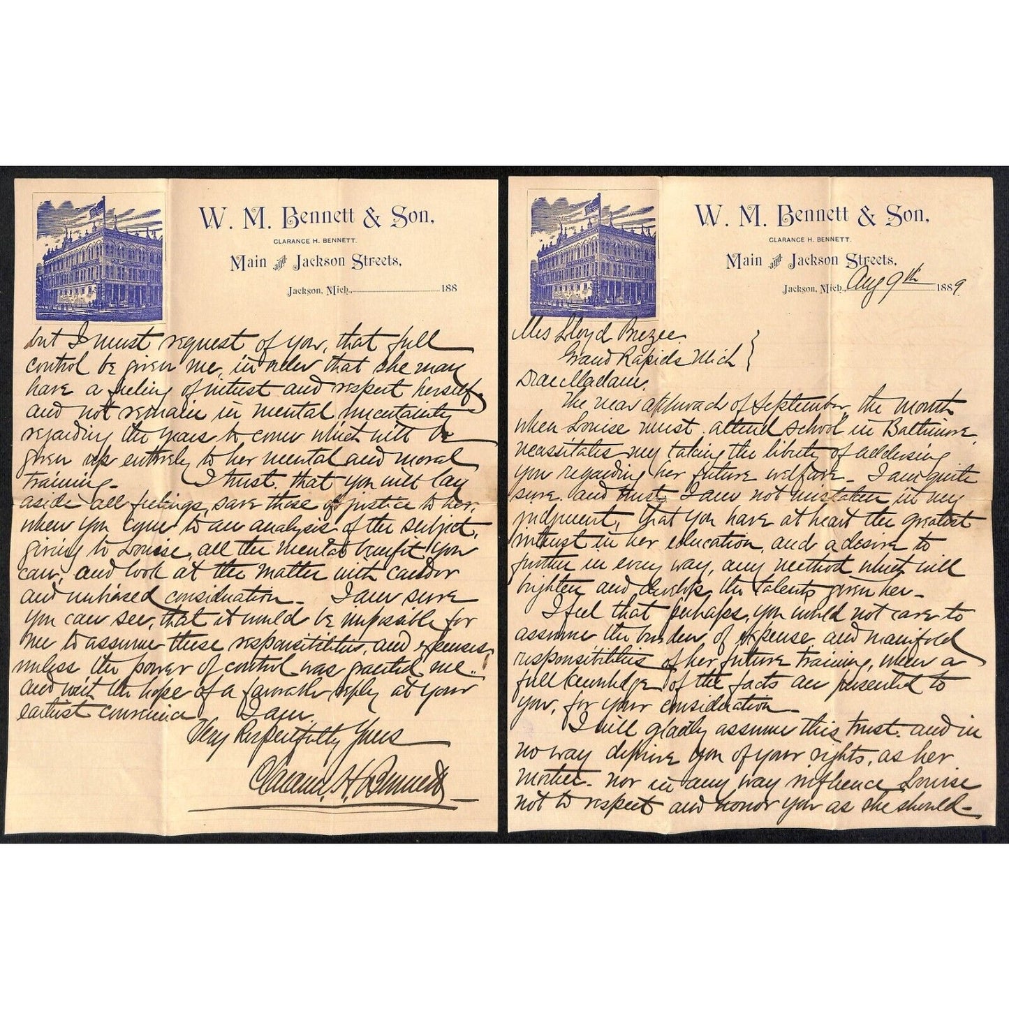 1889 W.M. Bennett & Son Jackson, MI (Dry Goods) ALS re: Louise's Welfare
